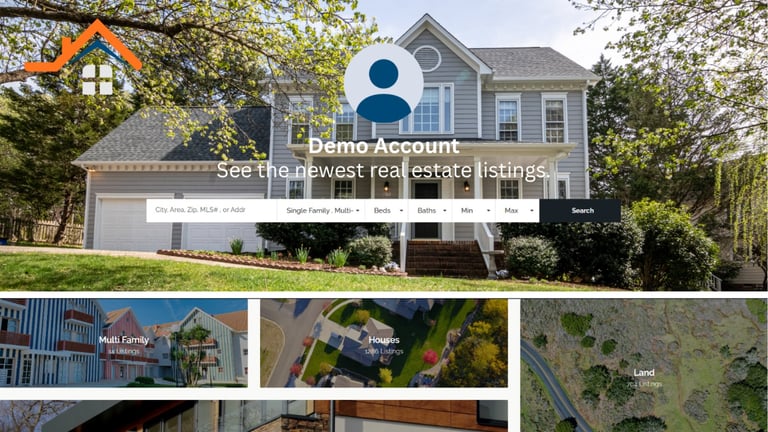 Real estate website showing demo account with large two-story house, search bar, and thumbnail images of properties below